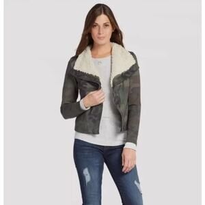 Anthropologie Marrakech Green Tan Army Camo Sherpa Collar Casual Moto Jacket S